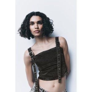 NWT TRF BUCKLED DENIM TOP, BLACK WASHED SMALL